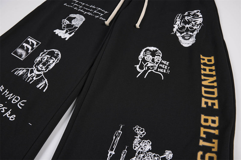 Abstract Portrait Graphic Wide-Leg Sweatpants – Men's Loose Fit Hip-Hop Street