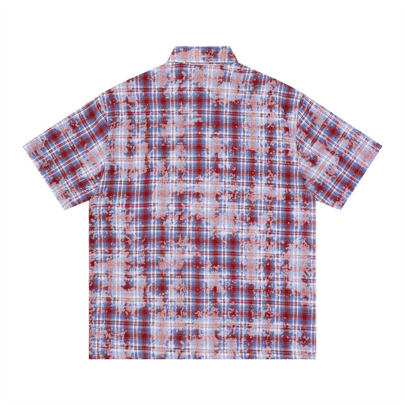 American Vintage Tie-Dye Plaid Short Sleeve Shirt with Dragon Graphic