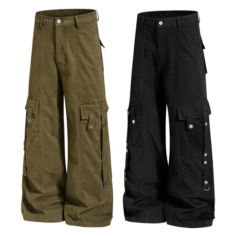 Wide-Leg Cargo Pants – Punk Streetwear Deconstructed Multi-Pocket Trousers