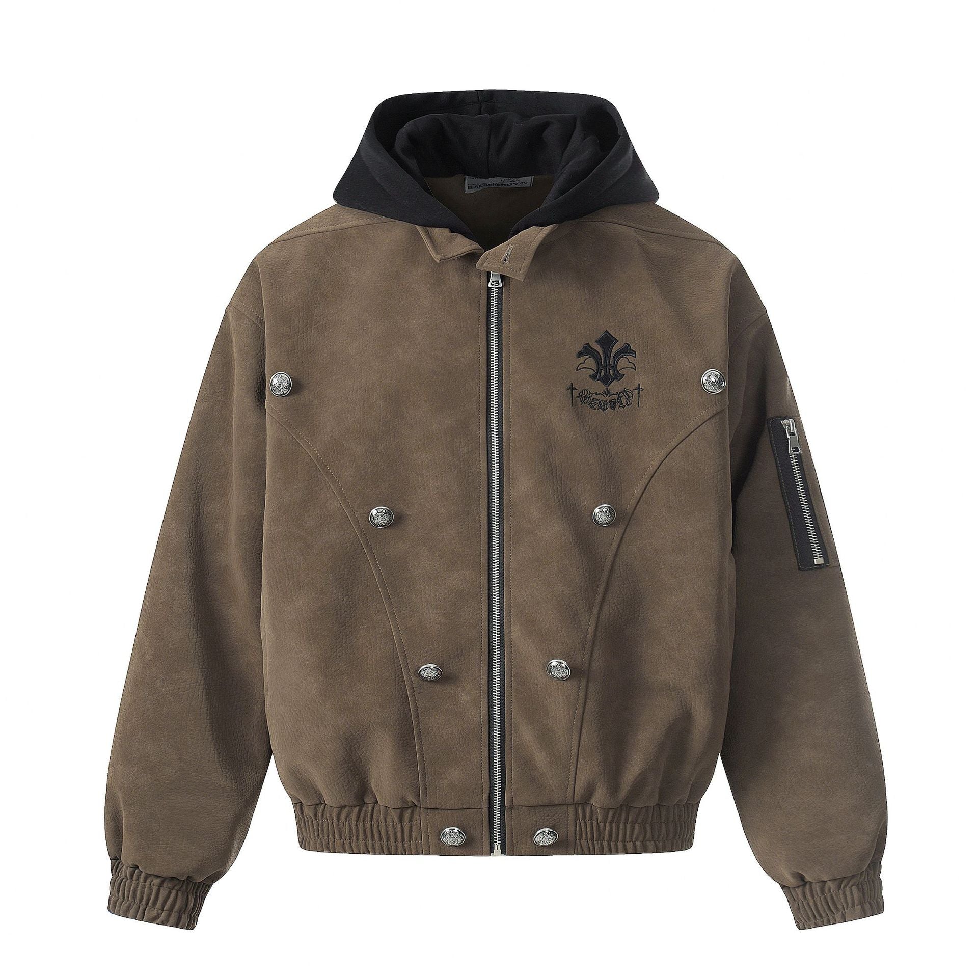 Blouson bomber oversize à capuche, vintage américain, broderie et suédine PU – Veste moto