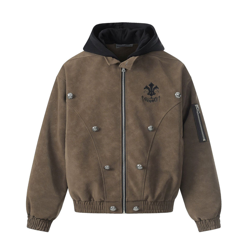 Blouson bomber oversize à capuche, vintage américain, broderie et suédine PU – Veste moto