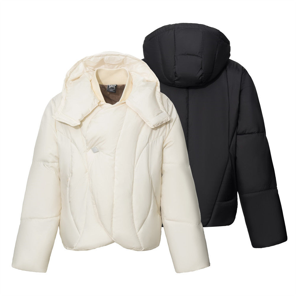 Oversized hooded puffer jacket in cream white and black with quilted stitching and wrap-style front closure