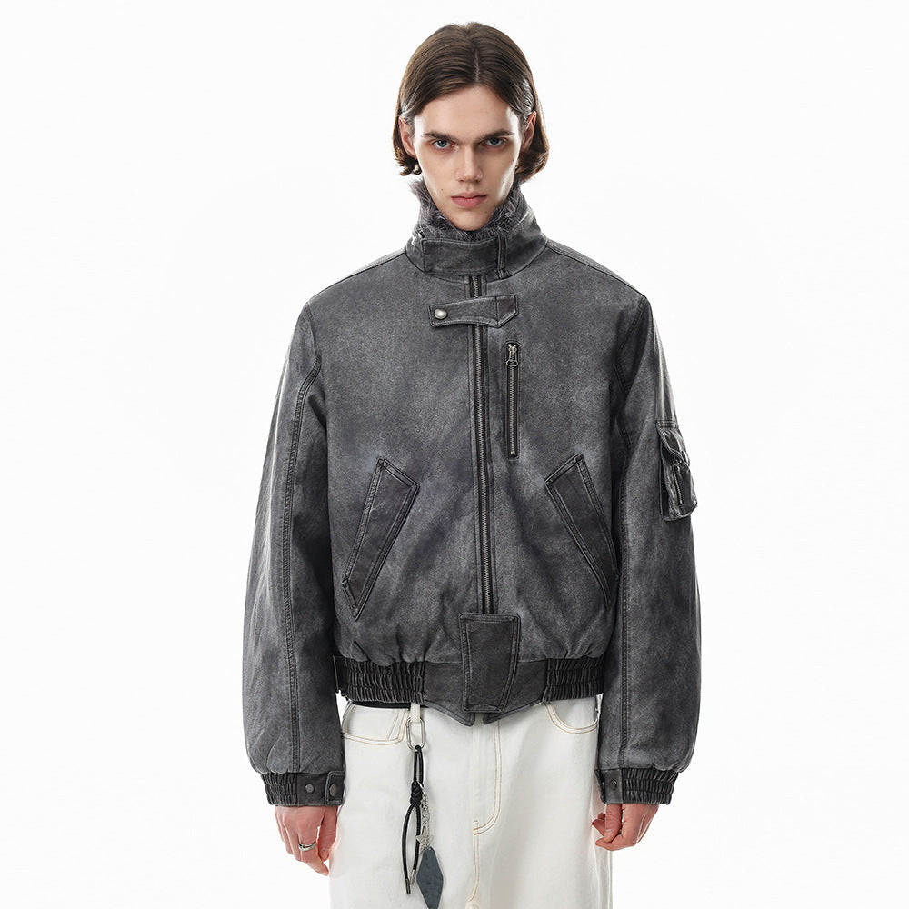 Men's distressed acid-washed bomber jacket with detachable faux fur collar in grey, front view