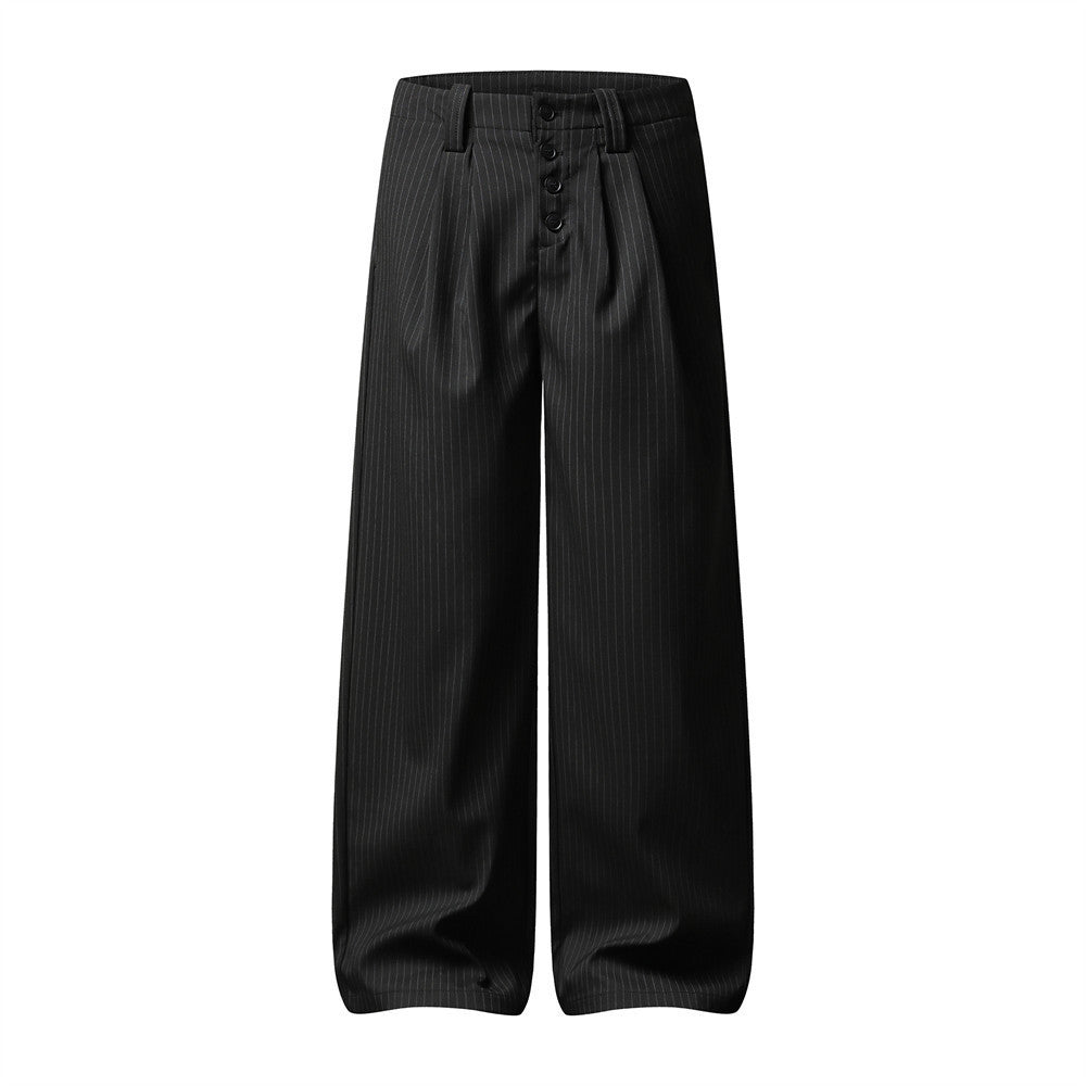 Men's Black Pinstripe Wide-Leg Trousers – Pleated Button-Fly Dress Pants
