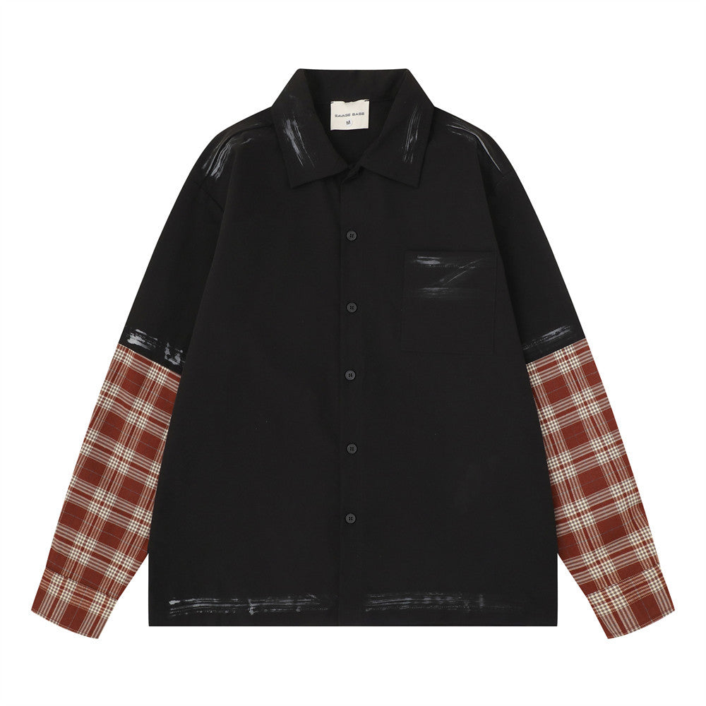 Men's relaxed fit long sleeve shirt with plaid splice sleeves and brushstroke paint detailing in black colorway