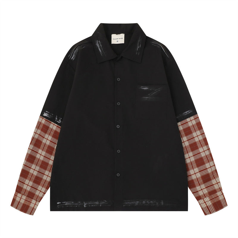Men's relaxed fit long sleeve shirt with plaid splice sleeves and brushstroke paint detailing in black colorway