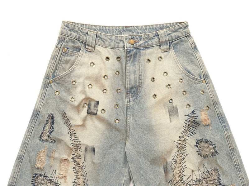Men's Distressed Wide-Leg Jeans with Chaotic Embroidery & Metal Eyelet Detail