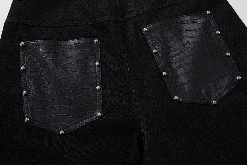 Jean taille haute baggy – Denim noir large avec empiècements effet croco et détails argentés