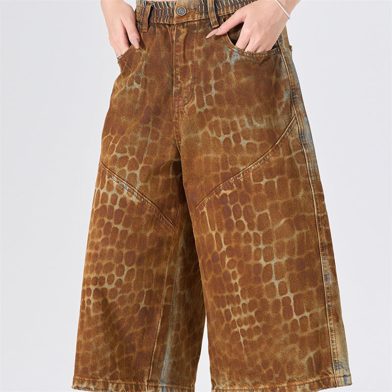 Leopard Print Wide-Leg Denim Shorts – Washed Rust Brown Animal Print