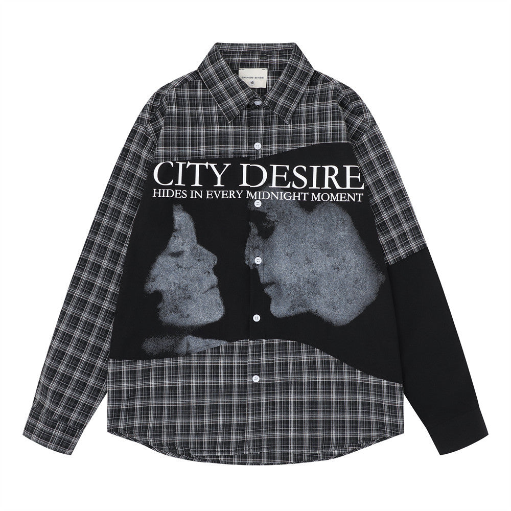 Men's oversized plaid patchwork long sleeve shirt with City Desire graphic print and contrast black sleeve, shown in red and