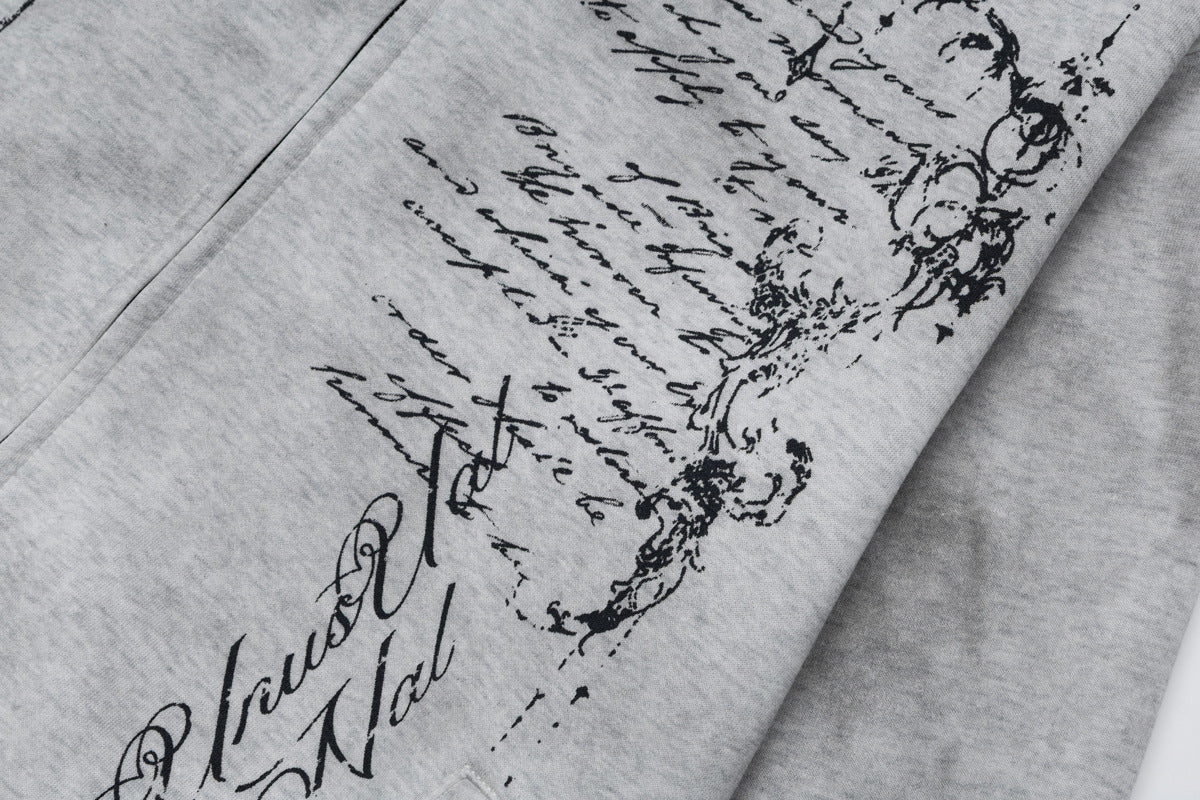 Hoodie mit Gothic-Schriftzug und Reißverschluss – Gewaschener Vintage-Dark-Style