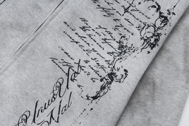 Hoodie mit Gothic-Schriftzug und Reißverschluss – Gewaschener Vintage-Dark-Style