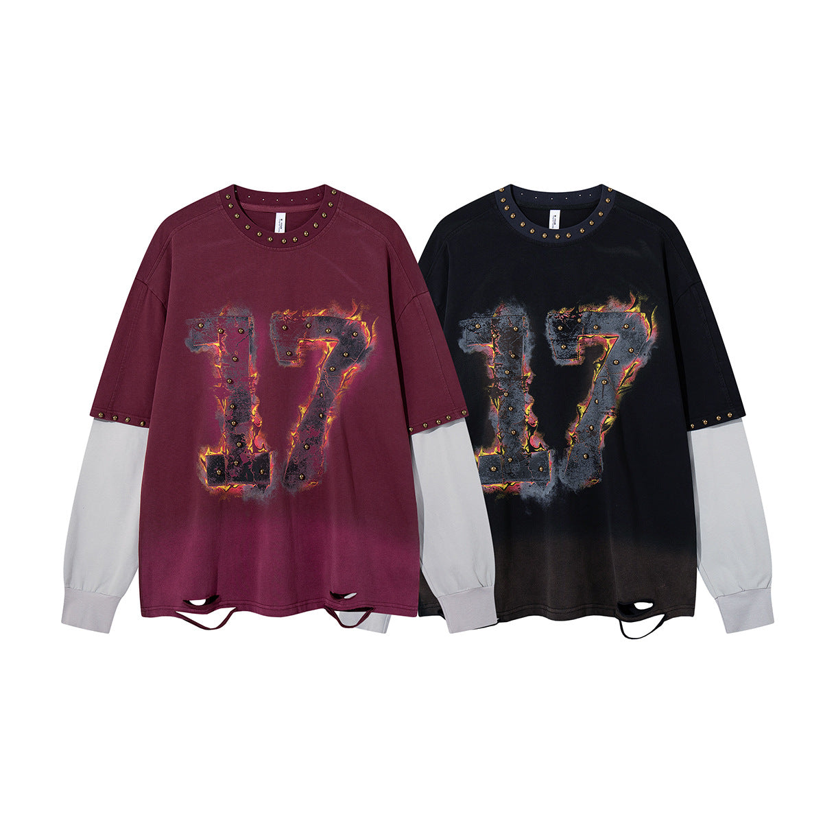 T-shirt manches longues effet superposé Flame 17 – Bas délavé, clous