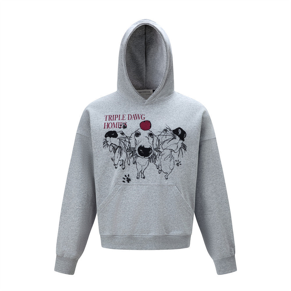 Oversized Triple Dawg Homies cartoon dog graphic pullover hoodie in heather grey and light cream