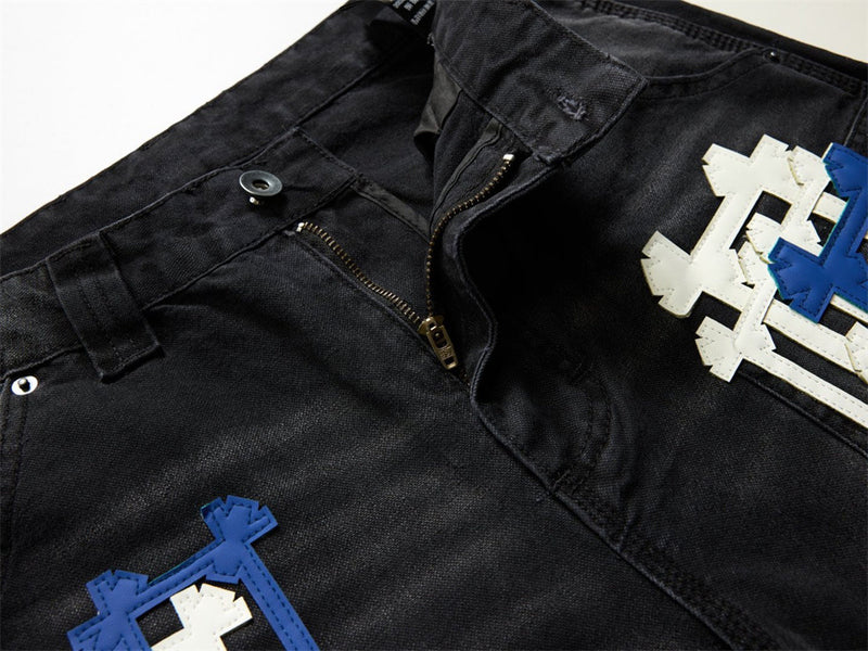 Black Washed Wide-Leg Cargo Jeans with Cross Embroidery Patches