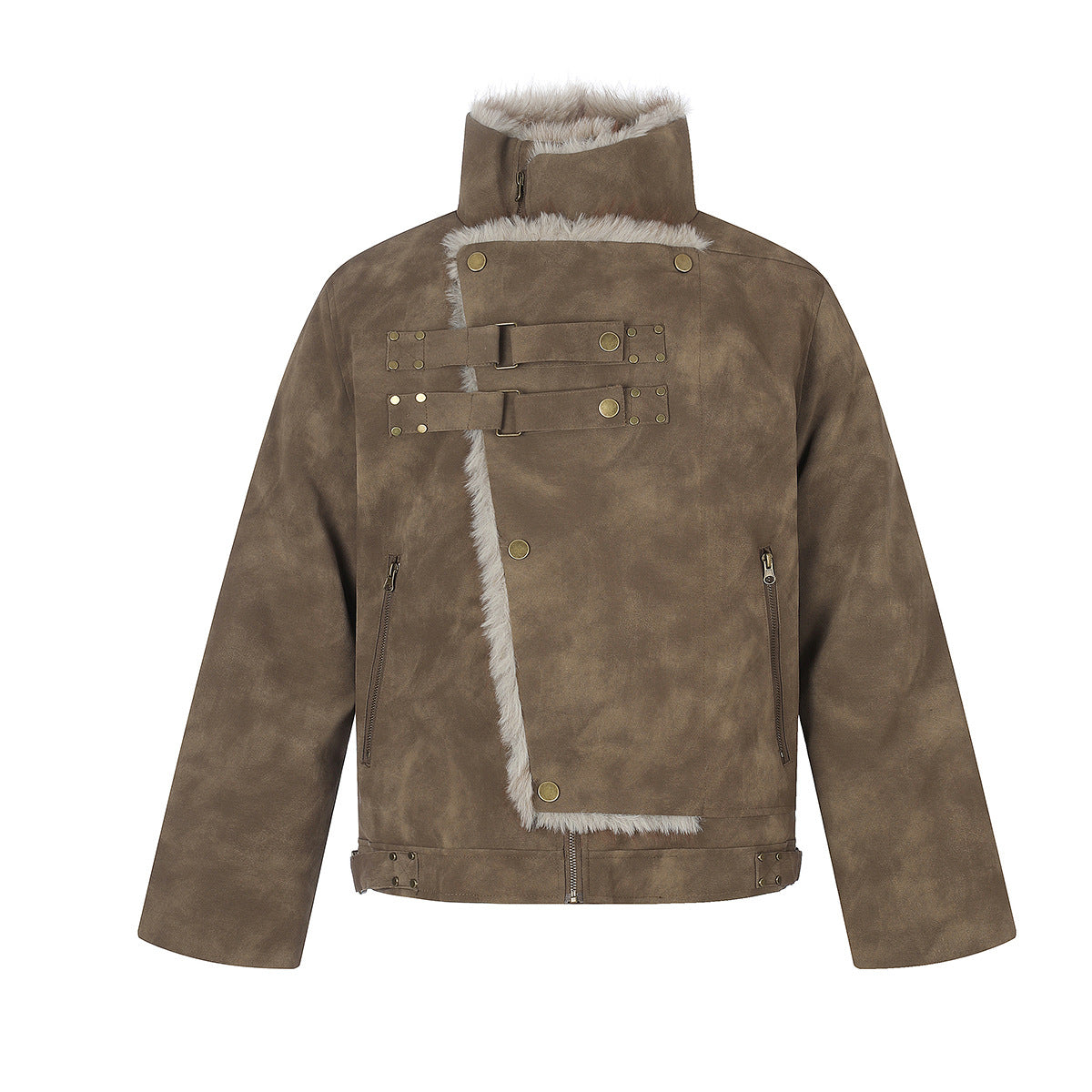 Faux Suede Shearling-Lined Moto Jacket with Buckle Straps