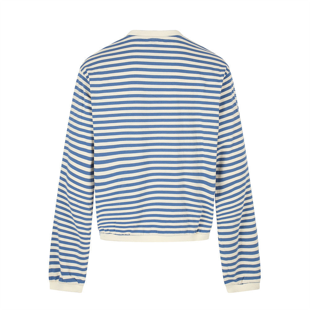 Back view of blue and cream striped long sleeve shirt with contrast trim