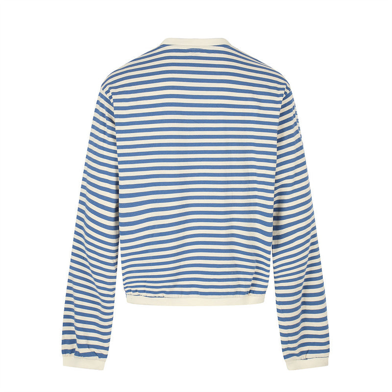 Back view of blue and cream striped long sleeve shirt with contrast trim