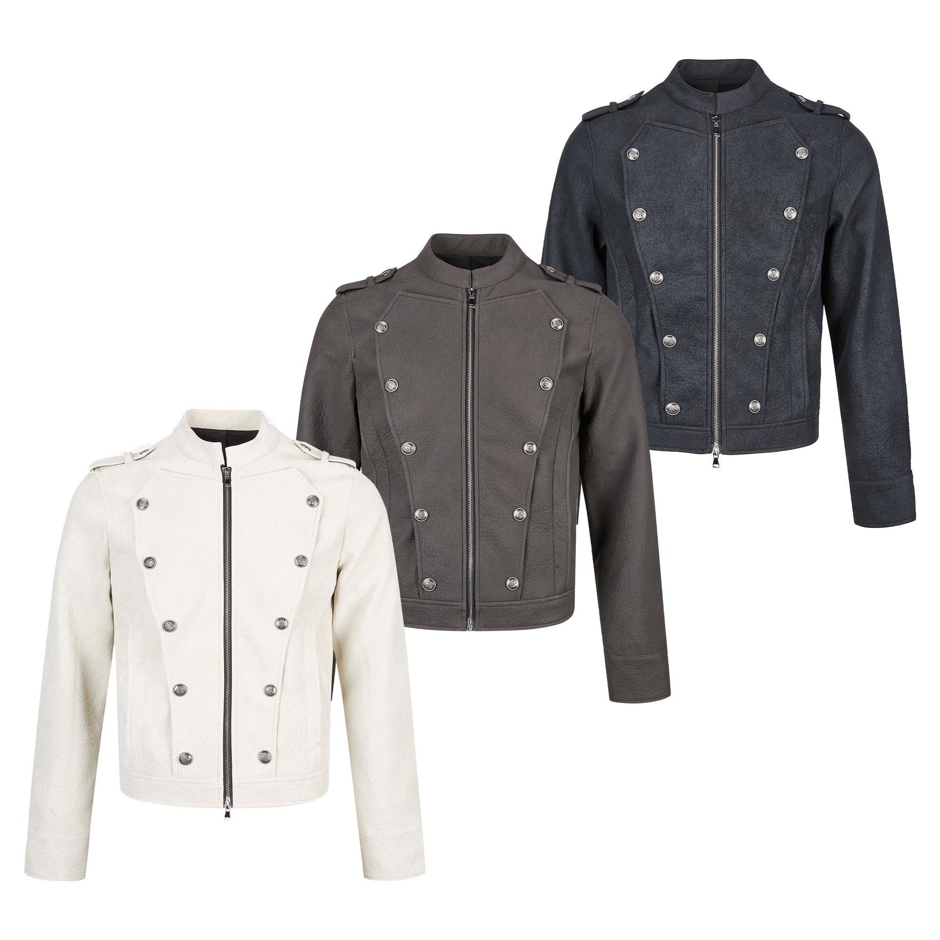 Military-Style Faux Leather Jacket with Double-Breasted Buttons & Zip Front