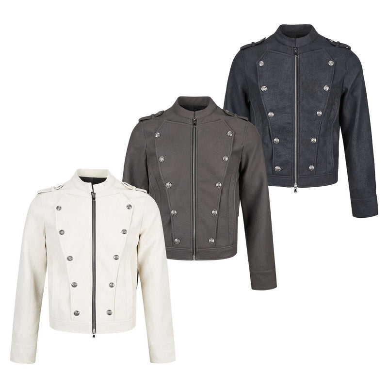 Military-Style Faux Leather Jacket with Double-Breasted Buttons & Zip Front