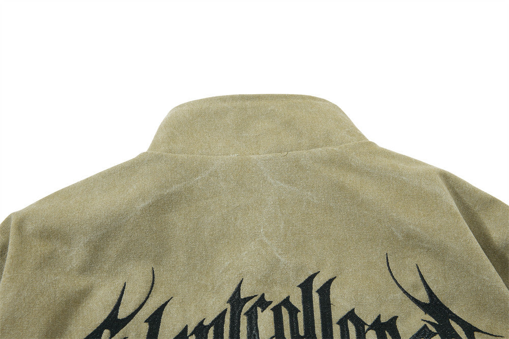 Gothic Letter Embroidered Cargo Bomber Jacket – Stand Collar, Multi-Pocket