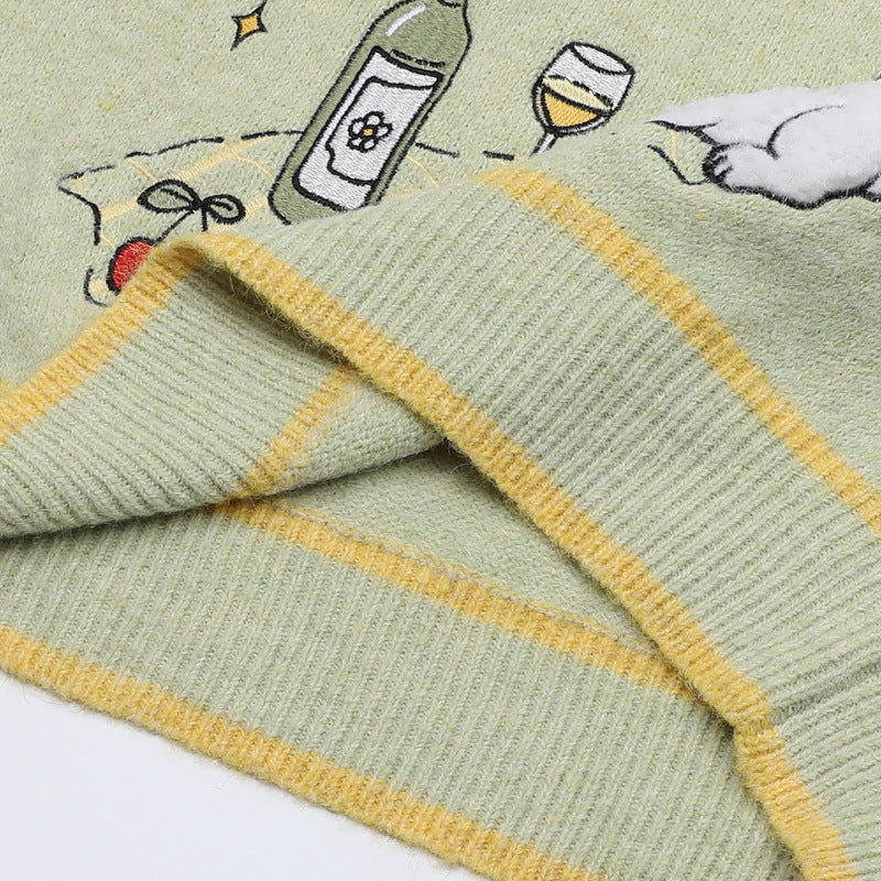 V-Neck Knit Sweater Vest with Cute Puppy Picnic Embroidery