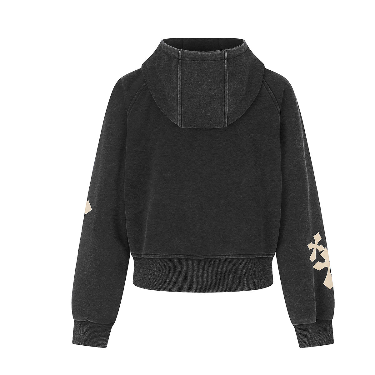 Cross Print Washed Zip-Up Hoodie – Cropped Black Streetwear Jacket