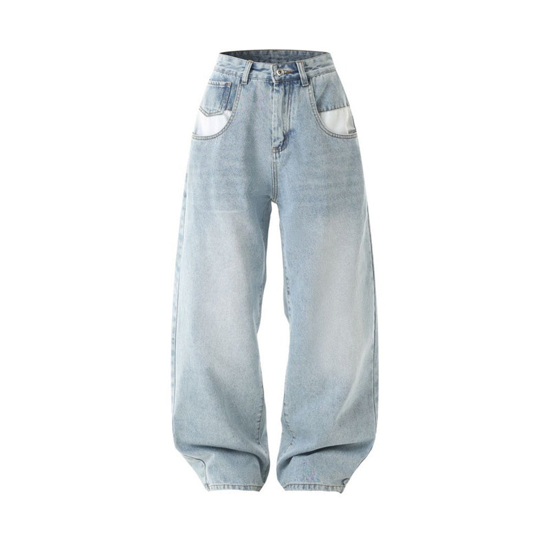 Light wash wide-leg jeans front view with contrast white pocket panels