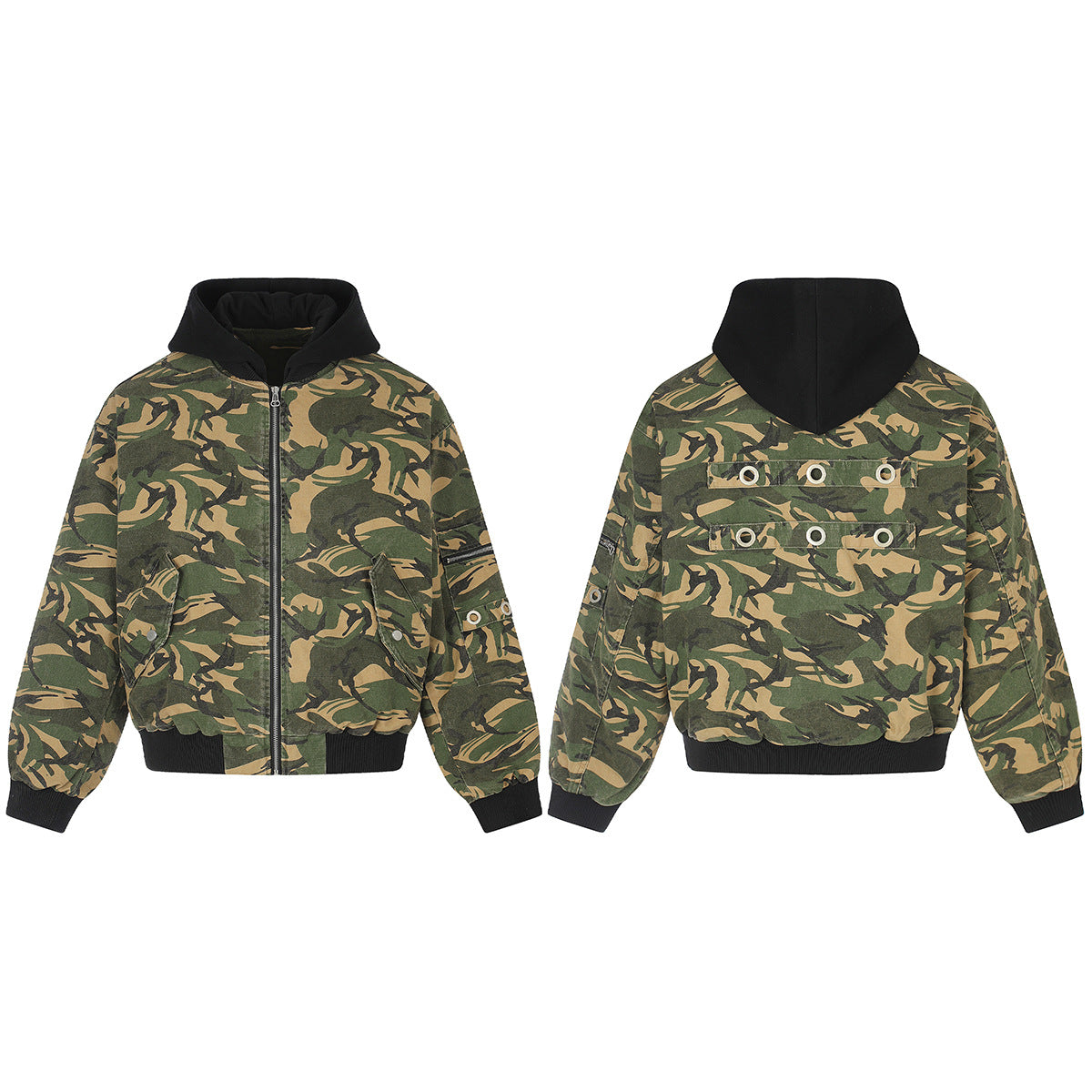 Camo Padded Bomber Jacket – Hooded MA-1 Flight Jacket with Grommet Detail