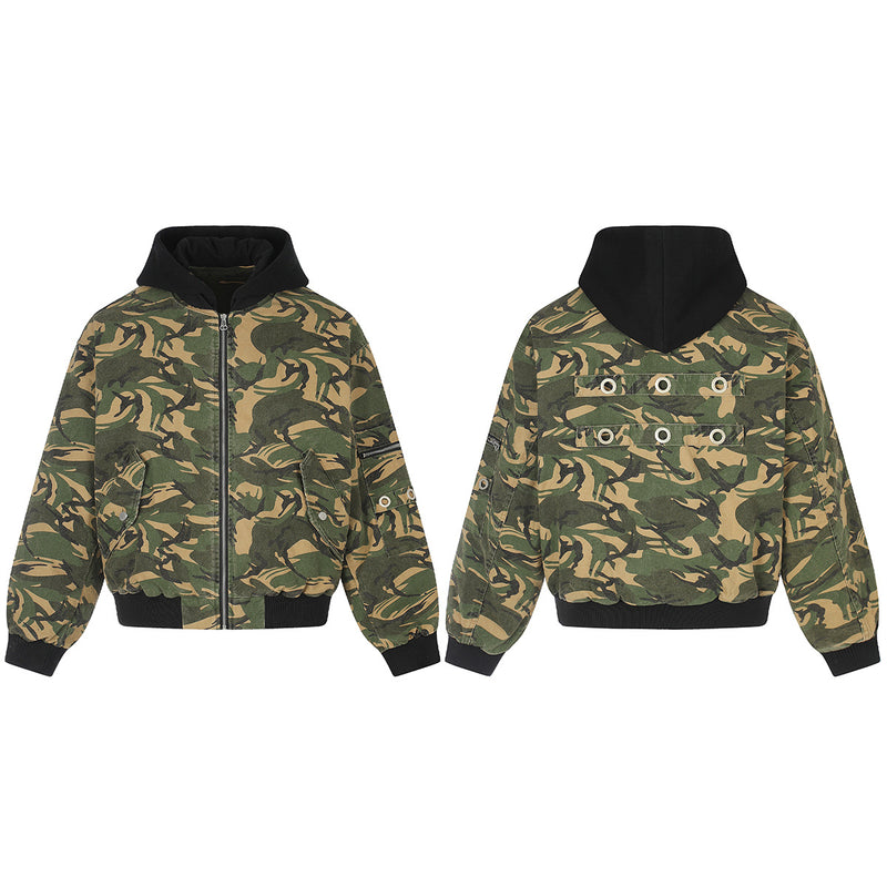 Camo Padded Bomber Jacket – Hooded MA-1 Flight Jacket with Grommet Detail