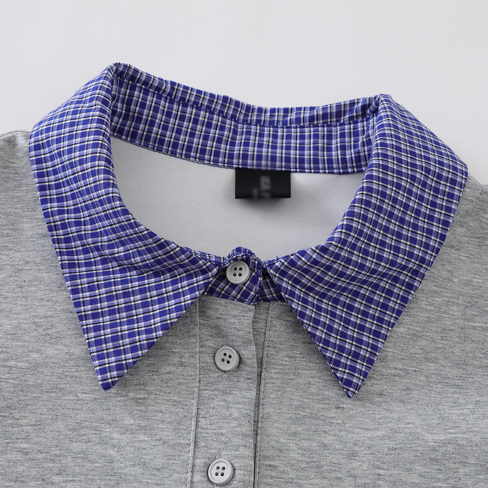 Plaid Collar Faux-Layered Polo Sweatshirt – Relaxed Fit Long Sleeve Top
