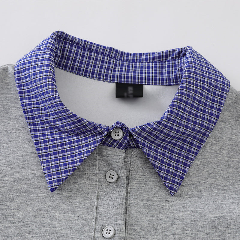 Plaid Collar Faux-Layered Polo Sweatshirt – Relaxed Fit Long Sleeve Top