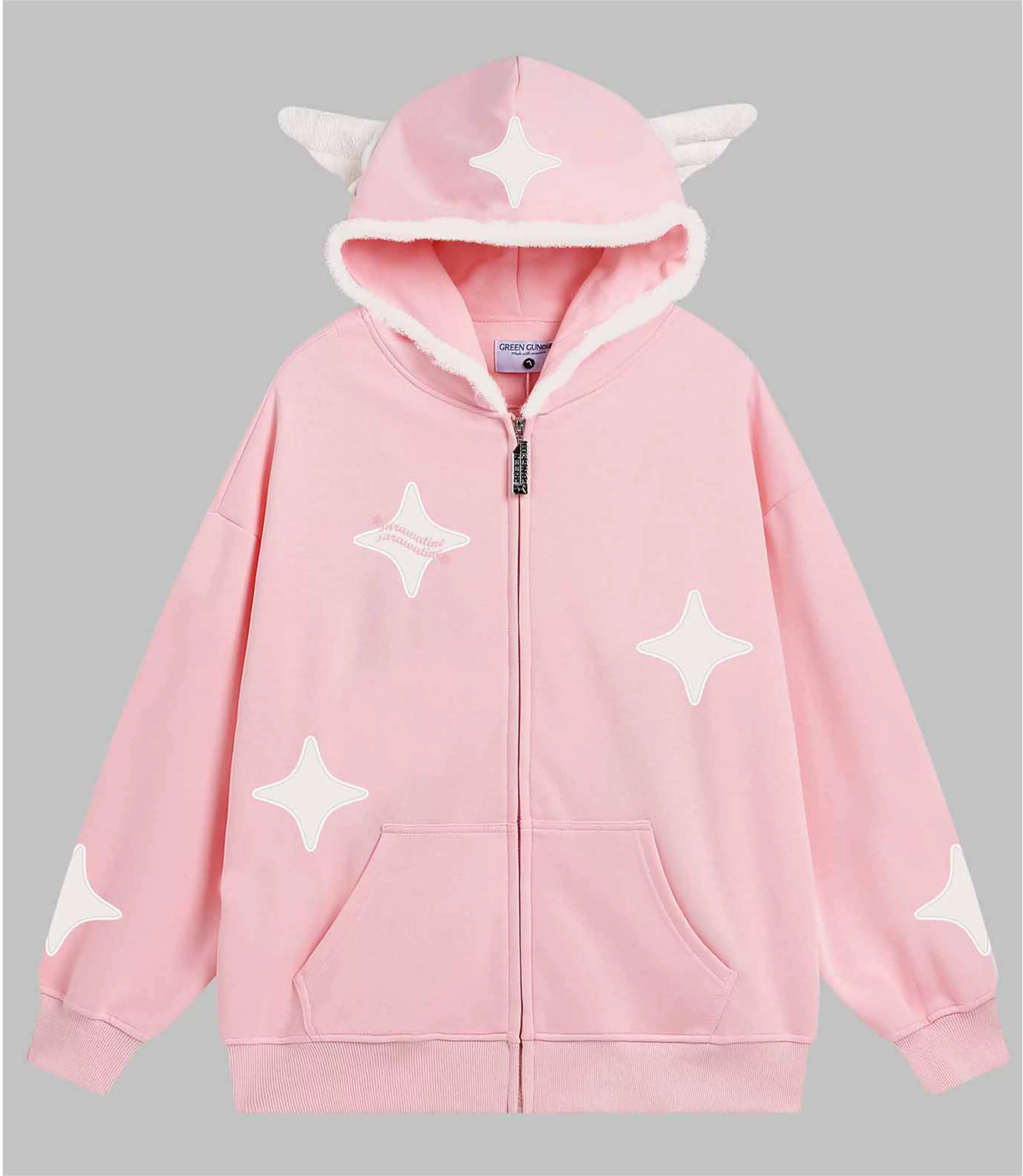 The Kawaii Star Elf Hoodie by Seakoff features 3D ears and soft star appliques, with white star-like patches and plush horns on the hood. A front zipper and two pockets add charm to this whimsical fashion piece, perfect for any kawaii-inspired outfit.