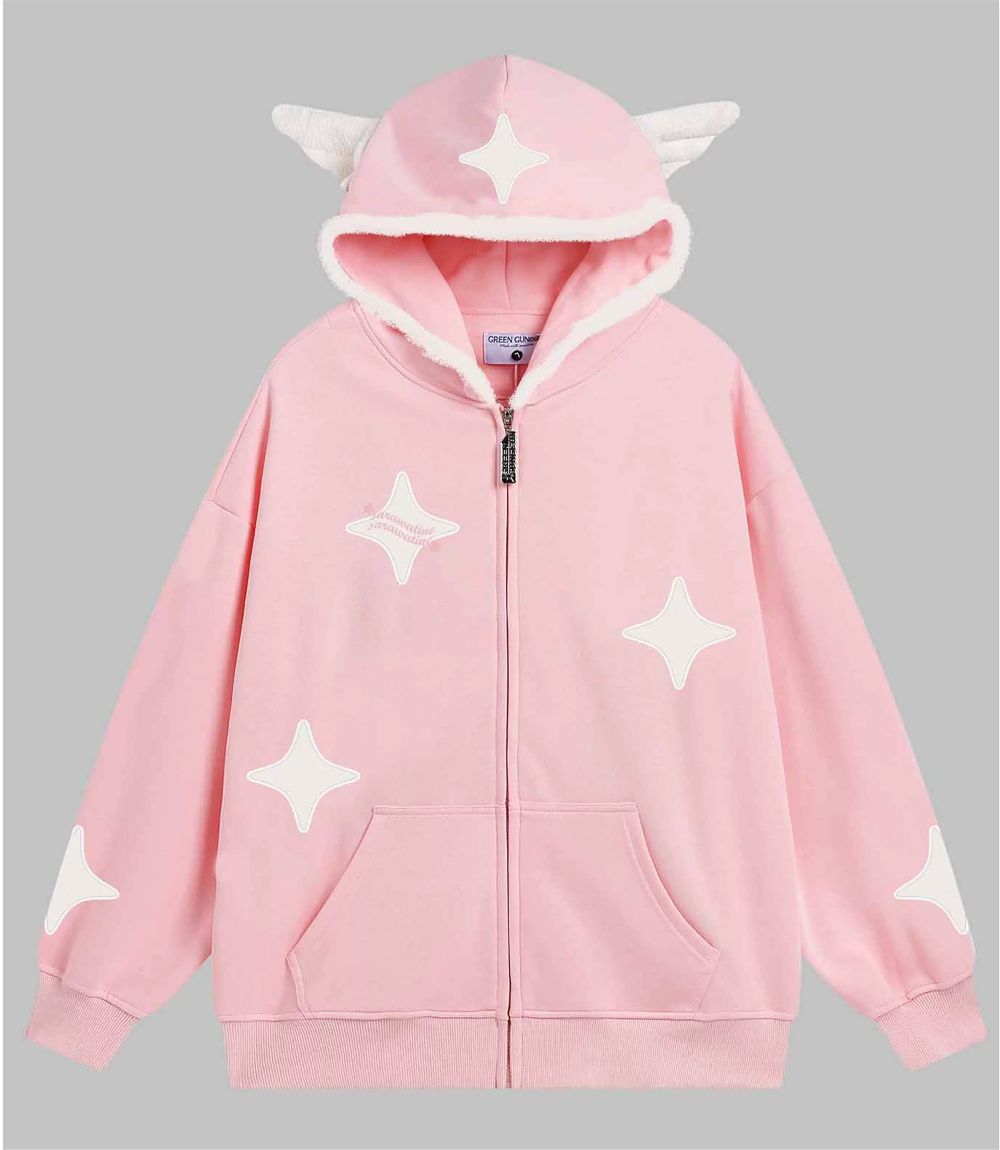 The Kawaii Star Elf Hoodie by Seakoff features 3D ears and soft star appliques, with white star-like patches and plush horns on the hood. A front zipper and two pockets add charm to this whimsical fashion piece, perfect for any kawaii-inspired outfit.