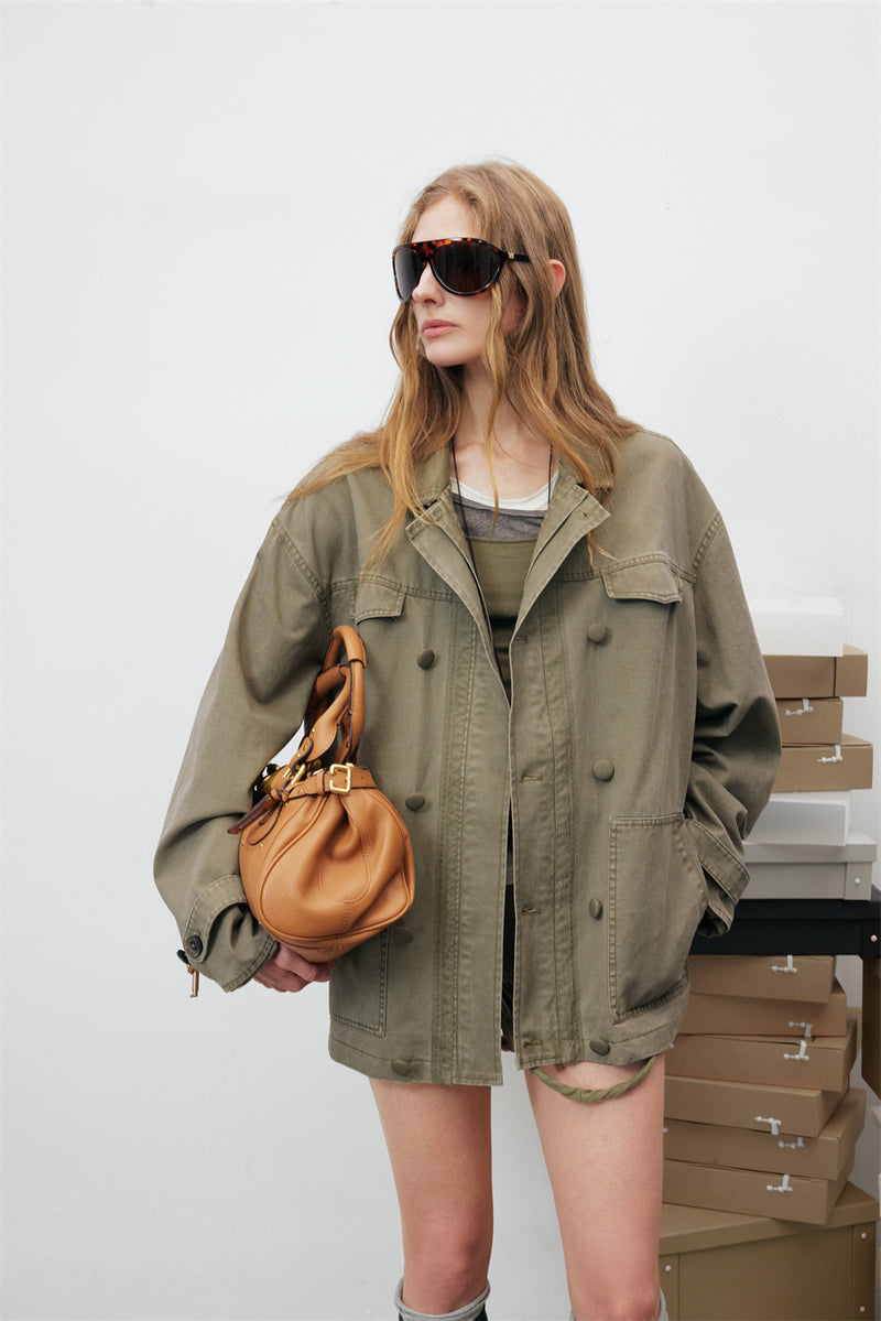 Oversized Workwear Jacket – Men's Olive Double-Breasted Utility Coat
