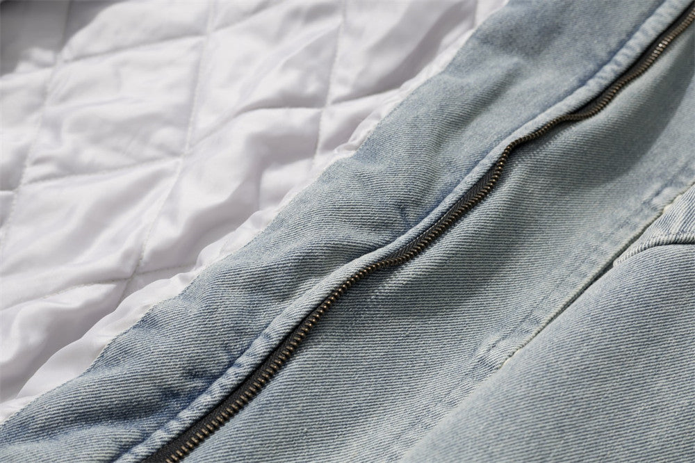 Washed Denim Hooded Bomber Jacket with Faux Fur Collar – Padded Winter Coat
