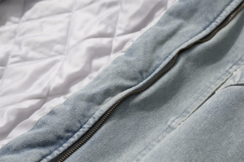 Washed Denim Hooded Bomber Jacket with Faux Fur Collar – Padded Winter Coat