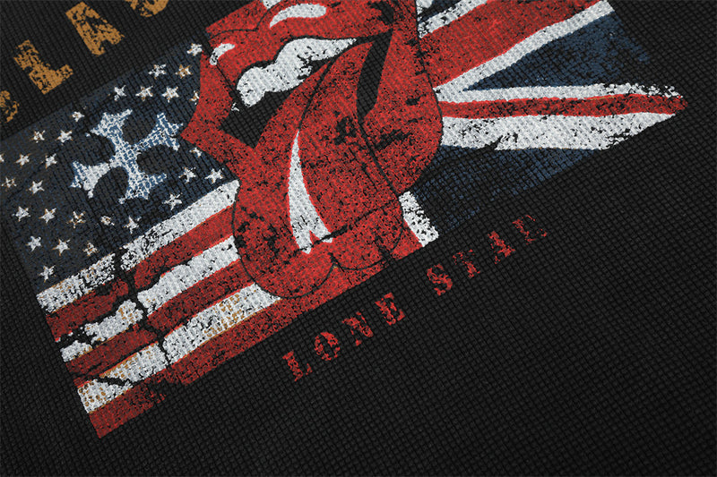 Long Sleeve Waffle Knit Graphic Tee – US & UK Flag Rock Print
