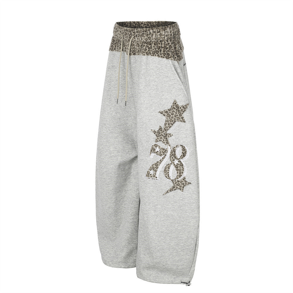 Wide-Leg Sweatpants with Leopard Print Waistband & Star Patch Embroidery