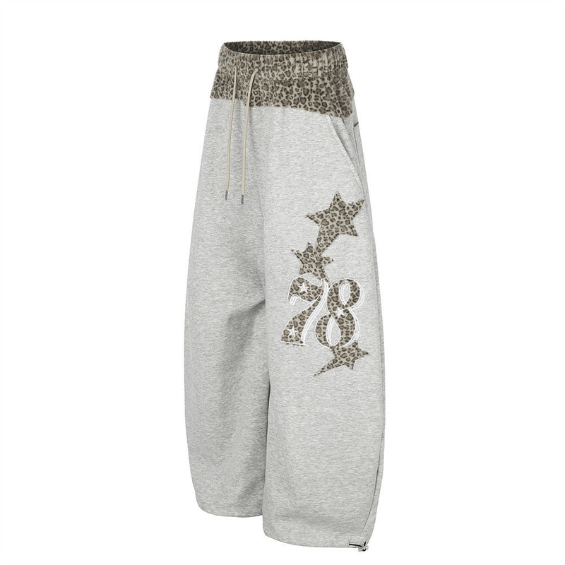 Wide-Leg Sweatpants with Leopard Print Waistband & Star Patch Embroidery