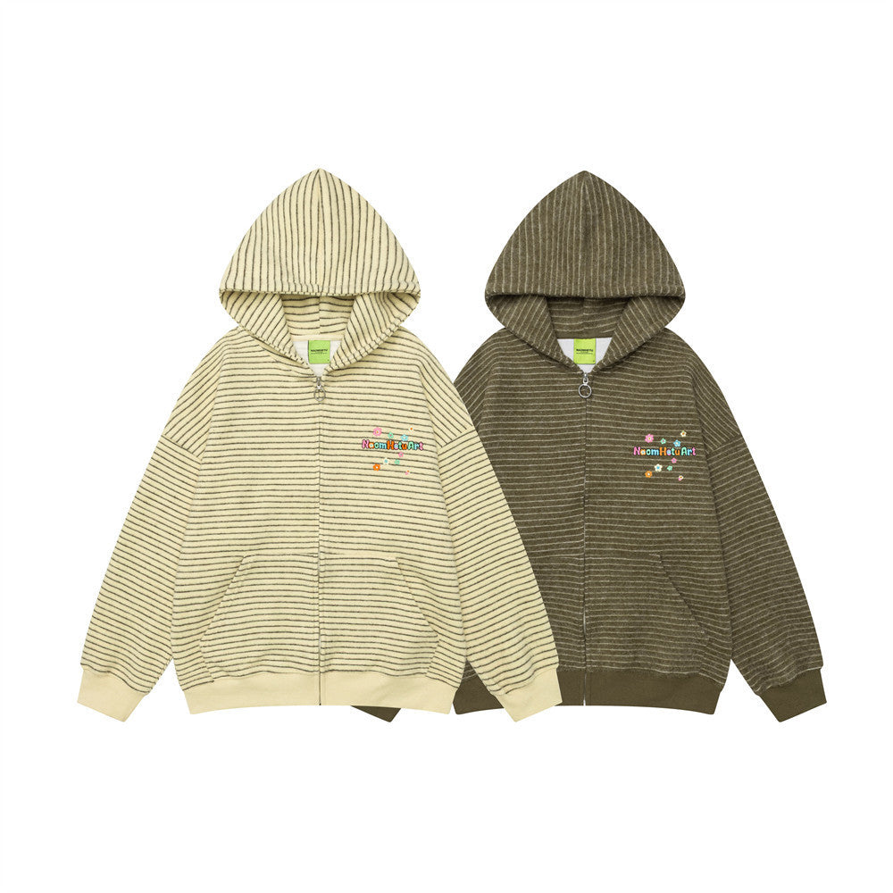 Striped Zip-Up Hoodie — Oversized American Vintage Fleece Cardigan