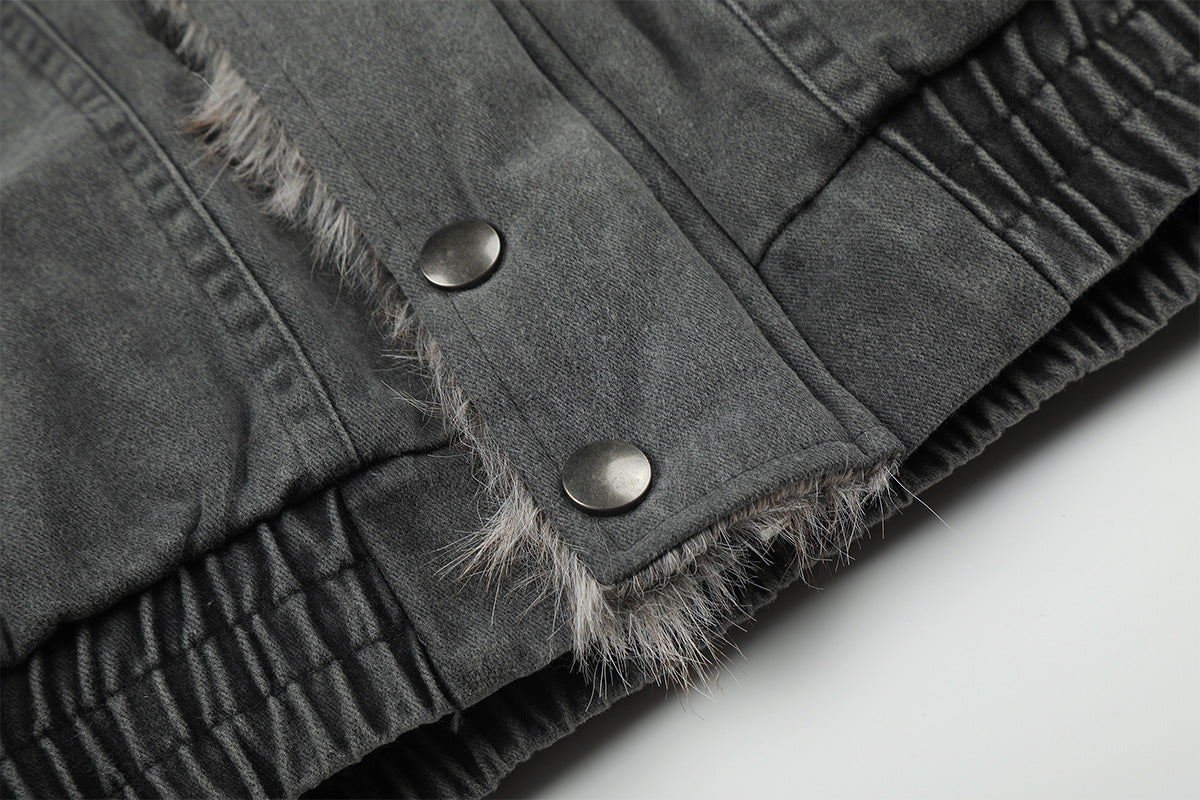 Faux Fur Collar Padded Bomber Jacket – Oversized Cotton Shell