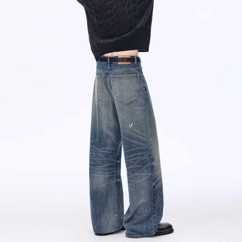 Men's Vintage Wash Wide-Leg Baggy Jeans – Retro Blue Distressed Straight-Cut