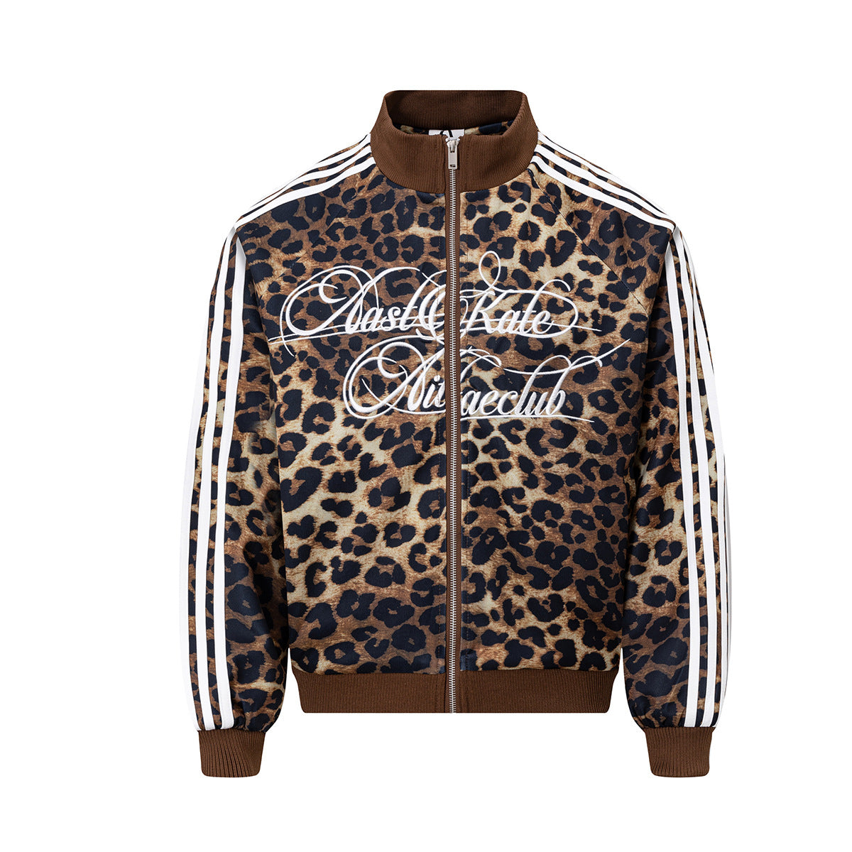 Veste de survêtement zippée imprimée léopard, manches à bandes blanches et col montant côtelé, coloris marron