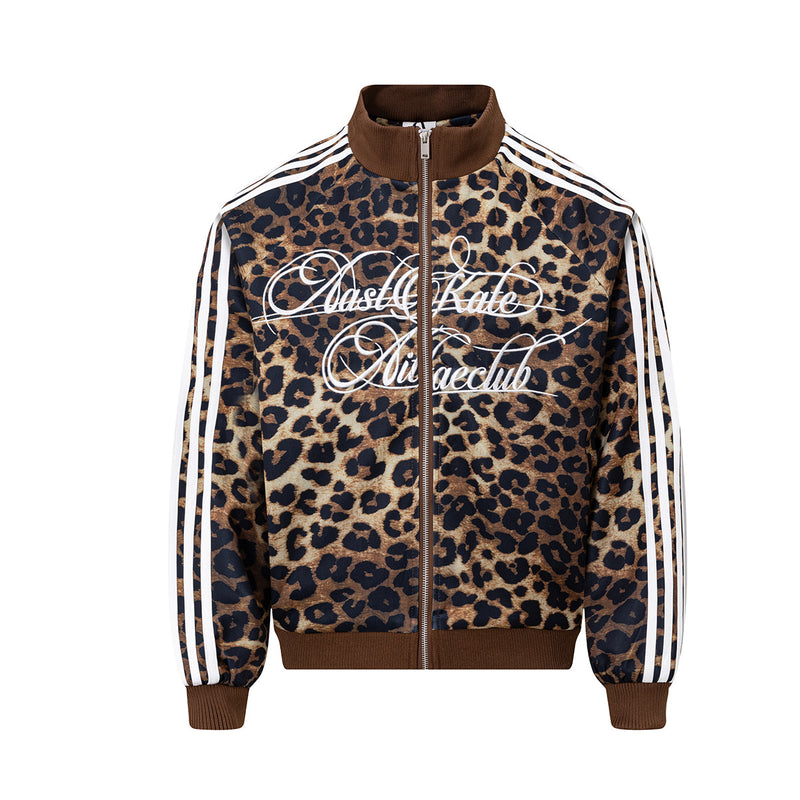 Veste de survêtement zippée imprimée léopard, manches à bandes blanches et col montant côtelé, coloris marron