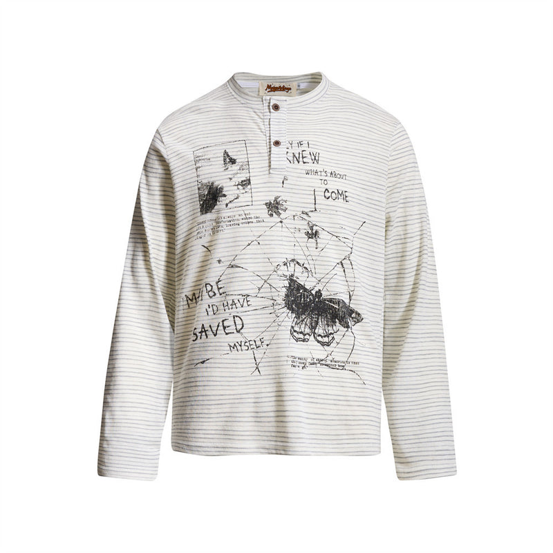 Striped Shirt Long Sleeve Men's Henley with Abstract Butterfly Graphic