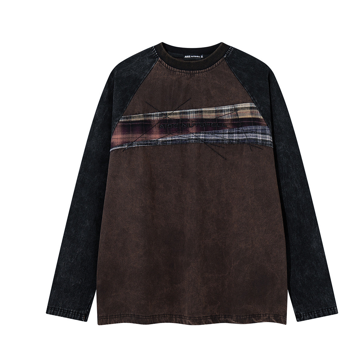 Oversized washed brown raglan long-sleeve shirt with black sleeves and plaid patchwork chest panel, front and back view
