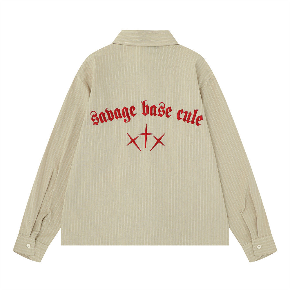 Striped Long Sleeve Shirt – Gothic Letter Embroidery, Relaxed Fit