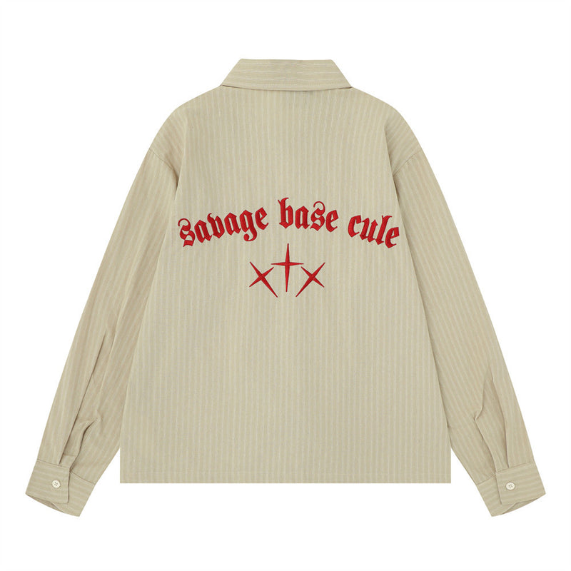 Striped Long Sleeve Shirt – Gothic Letter Embroidery, Relaxed Fit