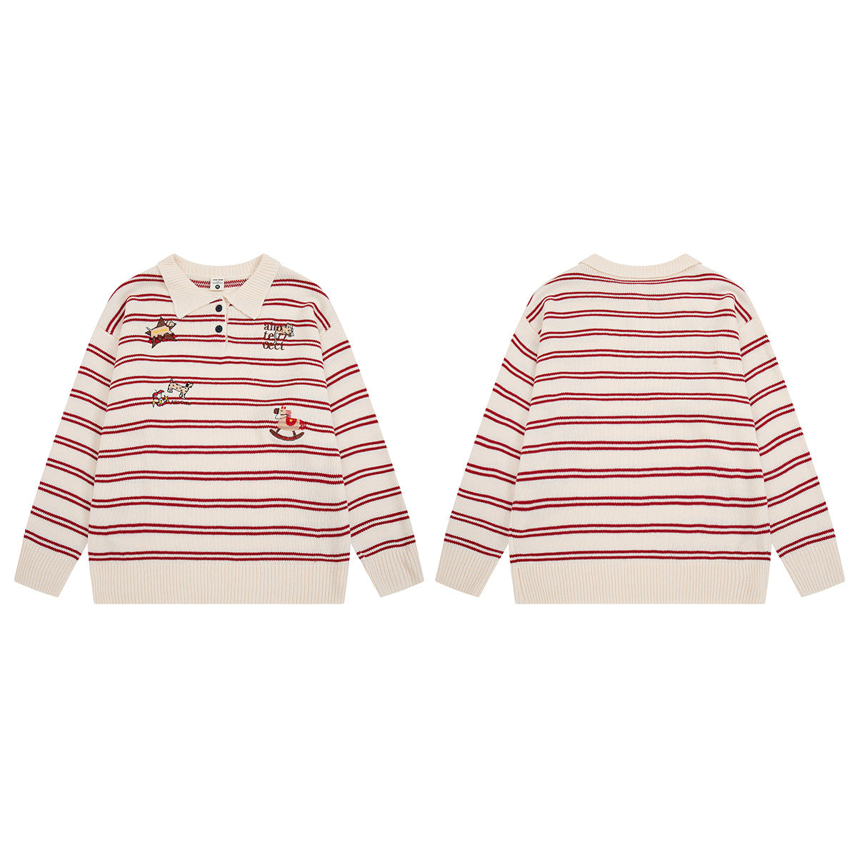 Striped Polo Knit Sweater with Cartoon Embroidery – Relaxed Unisex Pullover